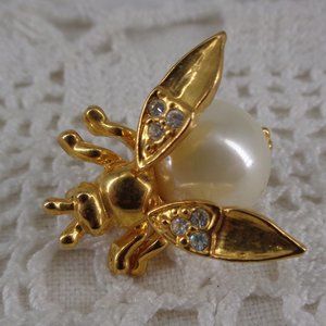 Vintage Bee Trembler Brooch Pin Faux Pearl & Rhinestone
